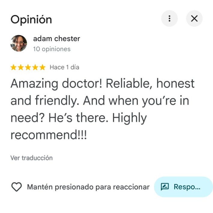 Google review by Adam Chester recommending Dr. Kevin as reliable, honest and friendly